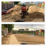 Progres před zahájením instalace podzemních nádrží na dešťovou vodu a po hrubém dokončení prací realizace zahrady RD